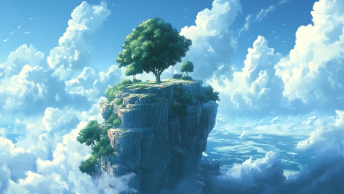 Floating Stone Cliff Island with Ancient Tree Above Clouds.