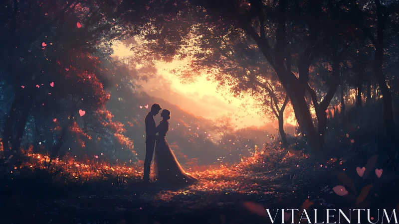 Two figures positioned centrally within illuminated forest tunnel formation.