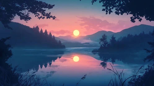 Digital painting of tranquil lakeside sunset reflection panorama.