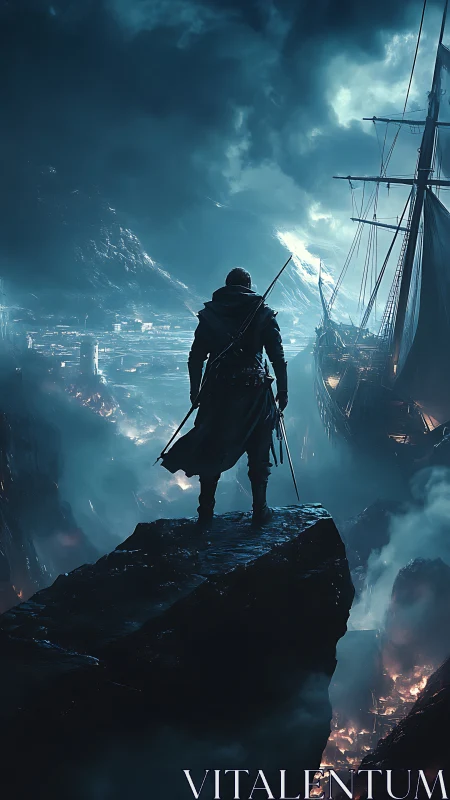 Stormlit wanderer overlooking a burning seafaring city.