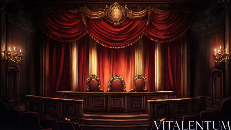 Ornate tribunal chamber with red drapery and empty seats.