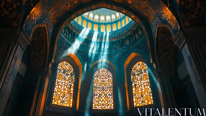 Sunlit stained-glass dome illuminates ornate sacred hall.