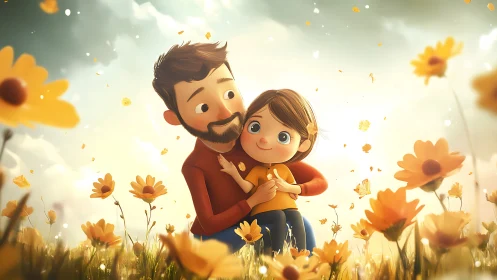 Father and Child in Luminescent Floral Field Composition.