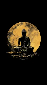 Silhouetted meditating Buddha aligns with textured golden moon