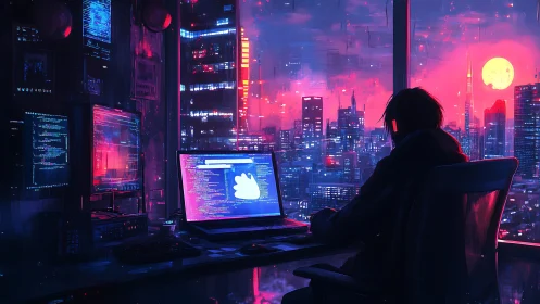 Neon-lit coder bends midnight code beneath electric moon.
