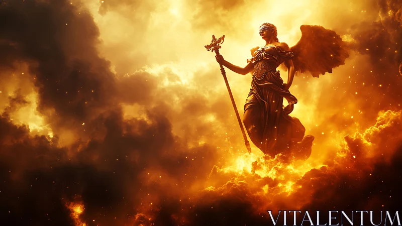 Blindfolded fireborn angel strides through molten clouds