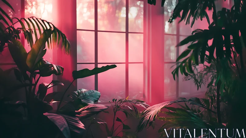 Soft sunrise glows through lush indoor jungle leaves