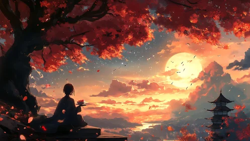 Silhouette watches sunset beneath red tree over pagoda valley