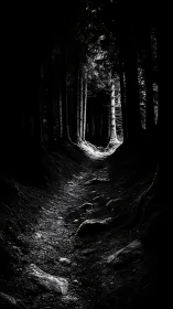 Ethereal forest corridor cloaked in dramatic chiaroscuro lighting.