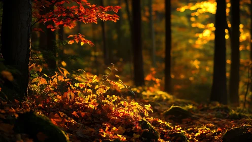 Autumn Forest Floor with Golden Light Filtering Through Trees.