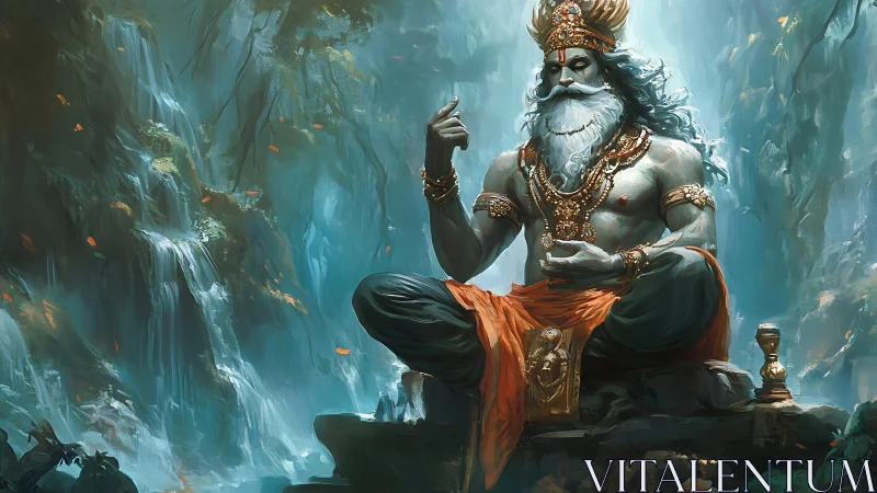 Divine sage sits in misty waterfall forest, radiating calm