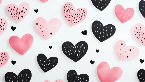 Pink and Black Hearts Dancing on White Canvas.