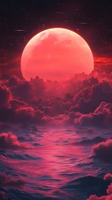 Large red celestial body illuminates stylized ocean scene