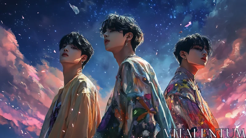 Three stylized figures stand under a vivid twilight sky