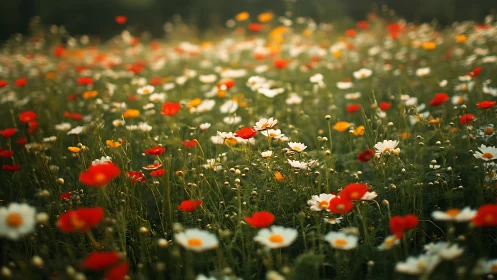 Wildflower Meadow: Red, White, Orange Blooms in Natural Focus.