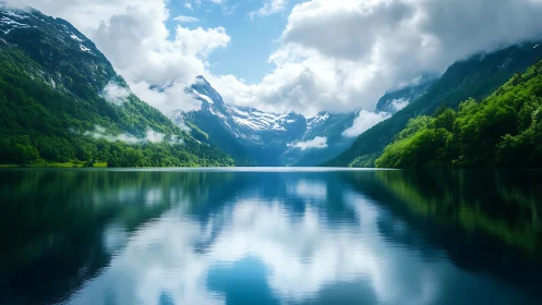 Mountain lake with mirror reflection and bright green forest.