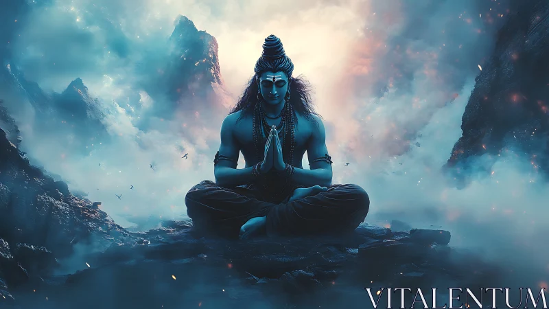 Meditative blue-skinned deity in misty mountain landscape.