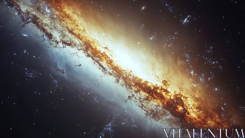 Diagonal galaxy band with glowing dust and star fields.