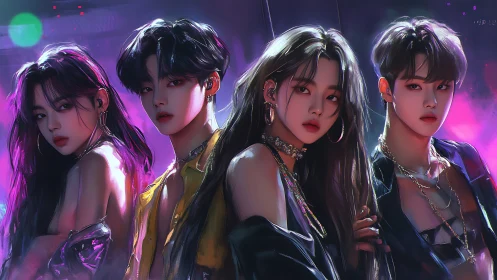 Stylized quartet portrait under neon club lighting backdrop.