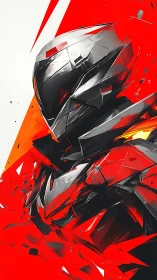 Angular sci‑fi armor rendered with dynamic red vector shards