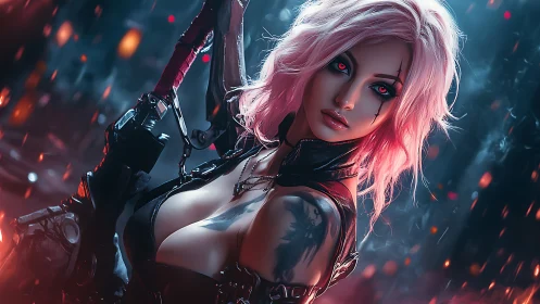 Cybernetic rogue with neon hair amid ember-saturated dusk.