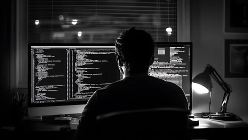 Focused night coder immersed in glowing dual monitors.