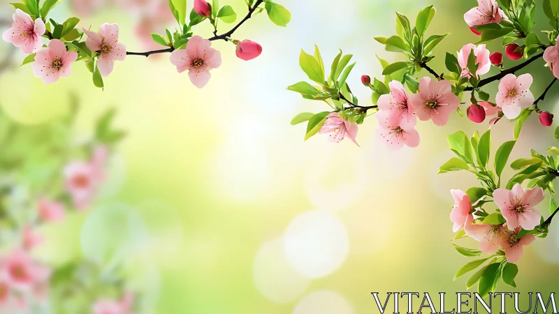 Spring flowering branches with pink blossoms and green foliage