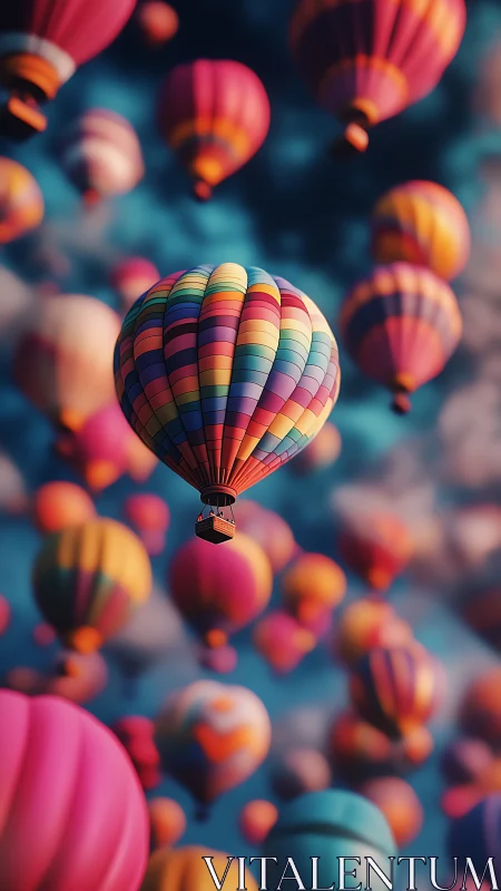 Multicolored hot air balloons in vertical cinematic ascent.