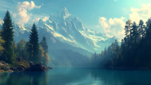 Snowcapped mountain towers above tranquil forest lake.