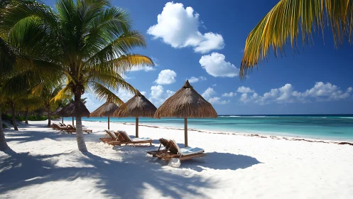 Tropical resort shoreline renders sharply lit palapa loungers