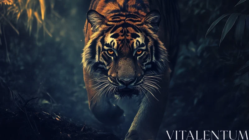 Midnight jungle monarch prowls through liquid shadowlight