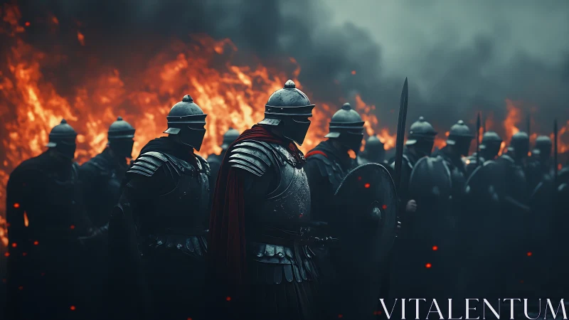 Armored legion advancing before a blazing battlefield wall.