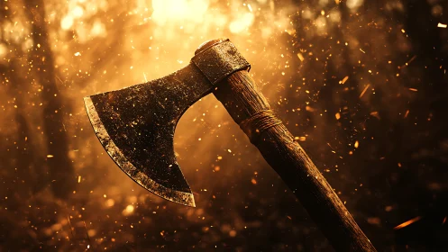 Battle-worn axe head and wooden handle lit by warm sparks