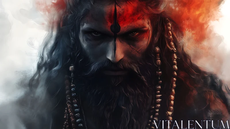 Fire-veiled ascetic with stormlit eyes and burning shadow.