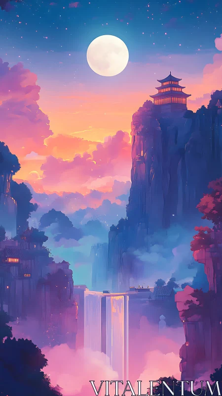 Lunar-illuminated mountain pagodas above twilight waterfall gorge