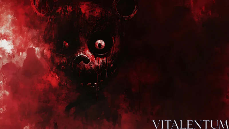 Grinning nightmare bear bleeds through a crimson fogscape.