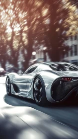 Silver futuristic sports car accelerates through city street