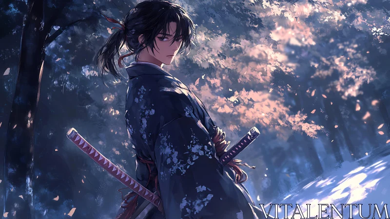 Lone samurai beneath soft falling petals at dusk.