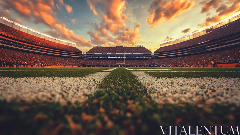 Sunset stadium gridiron viewed from dramatic turf level.