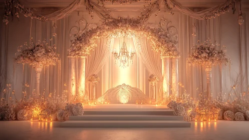 Golden candlelit aisle beneath a dreamy floral archway.