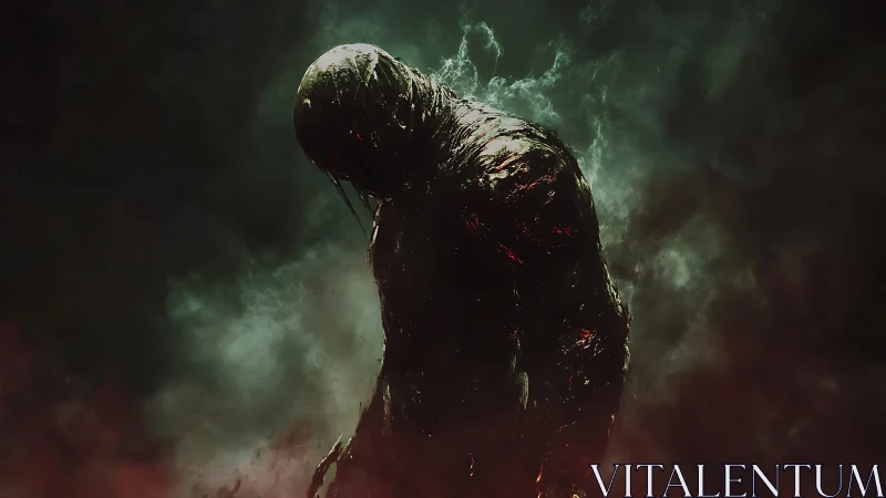 Charred humanoid silhouette emerges through dense toxic fog