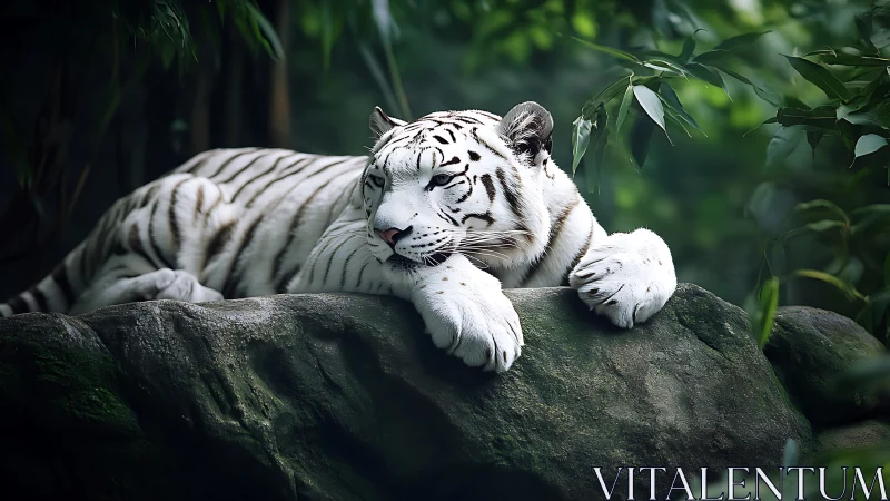 Peaceful white tiger resting on a sunlit forest rock.