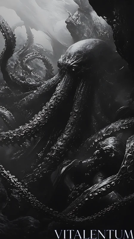 Colossal abyssal cephalopod rendered in monochrome depths.