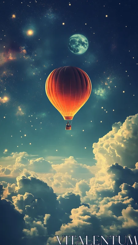 Luminous hot air balloon ascends through celestial cloudscape