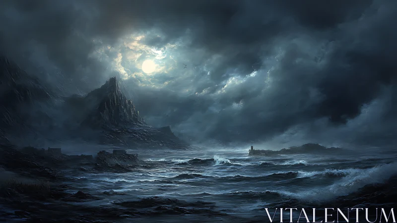 Moonlit tempest over jagged coastal mountains and wild sea.