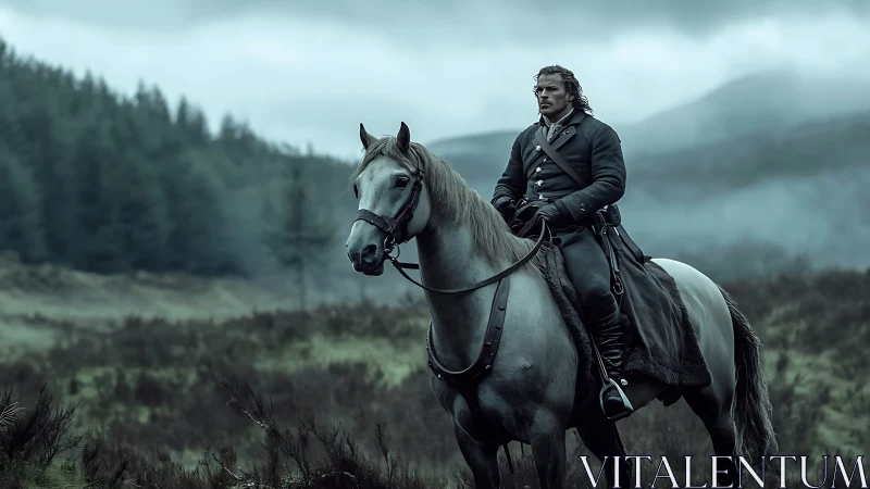 Brooding highland rider halts in mist-wrapped valley dusk.