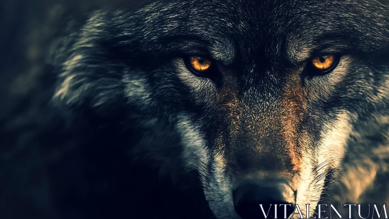 Wolf close-up with focused amber eyes in low light profile.