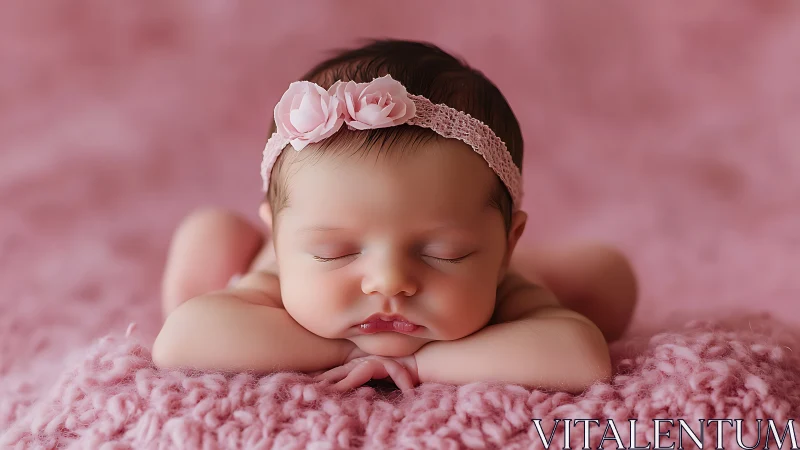 Sleeping Newborn Girl with Pink Headband and Floral Crown Prop.