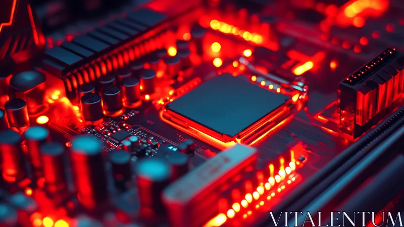 CPU close-up under red cybernetic glow on motherboard.