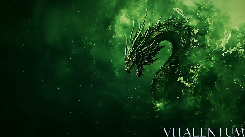 Emerald serpentine dragon erupts from swirling cosmic mist